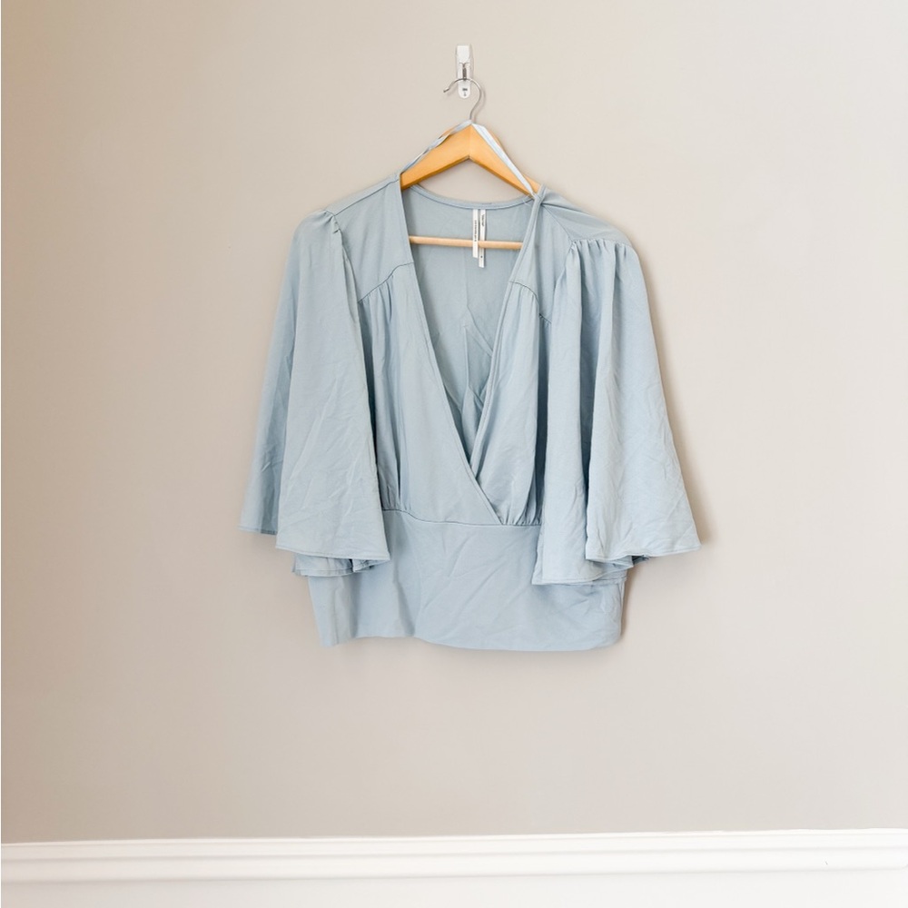 Anthropologie baby blue blouse angel wing sleeve XL